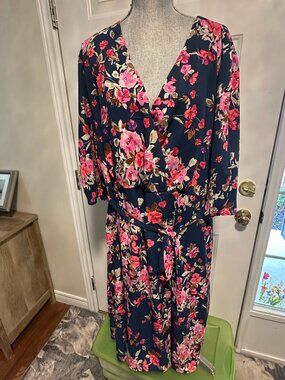 bobeau Navy Midi Dress with Pink Floral Print